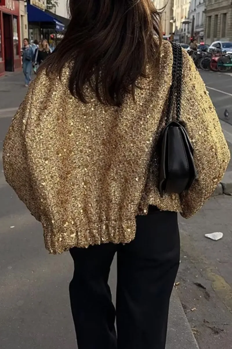 Elegant Solid Sequined Mandarin Collar Outerwear YE9862