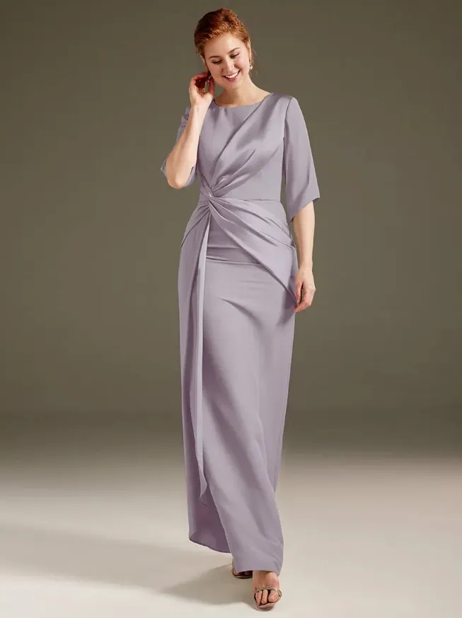 Jewel Neck Short Sleeves Sheath Pleated Wedding Guest Dresses Mother of the Bride Dresse