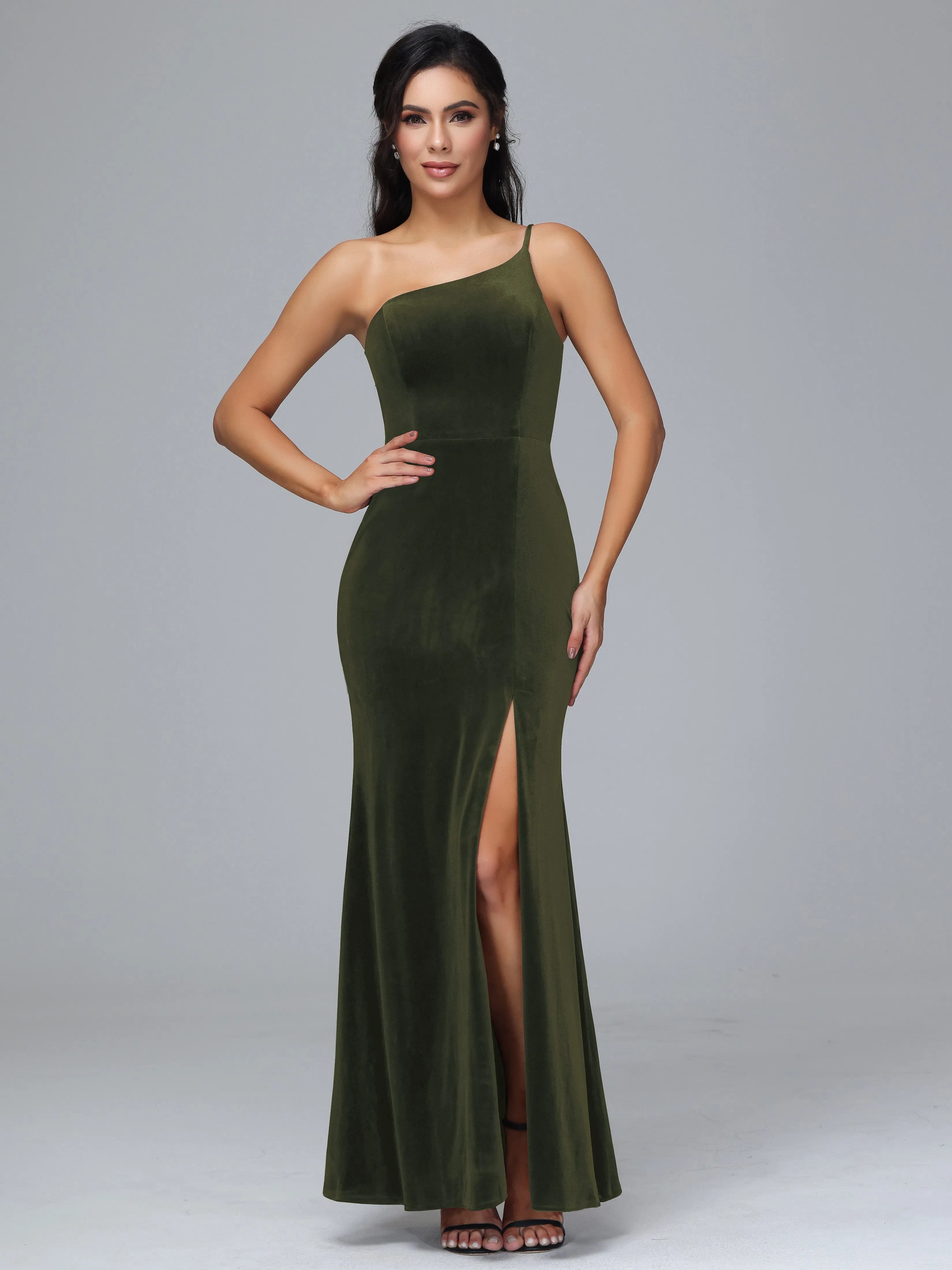 One Shoulder Sheath Split Velvet Bridesmaid Dresses