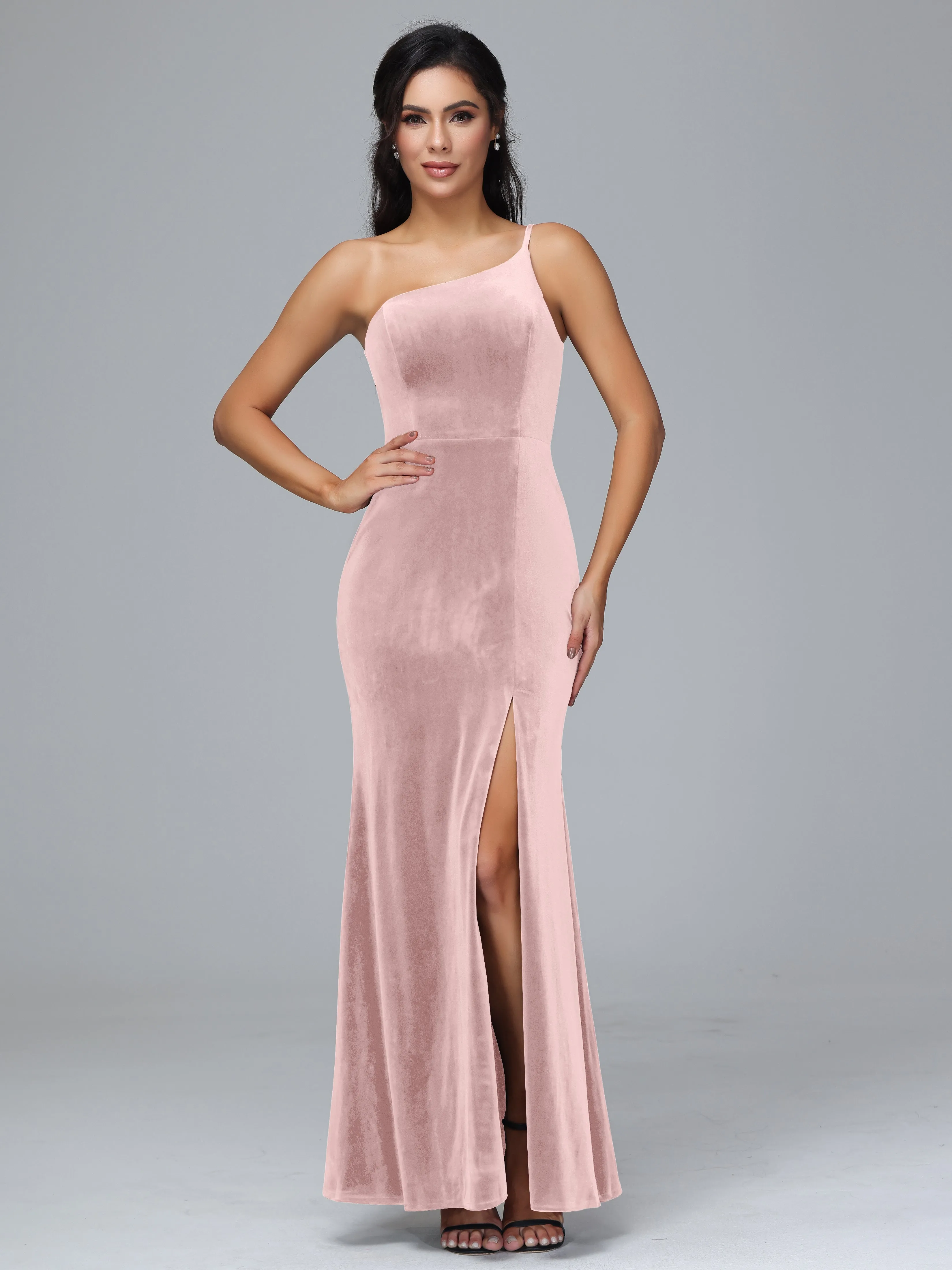 One Shoulder Sheath Split Velvet Bridesmaid Dresses