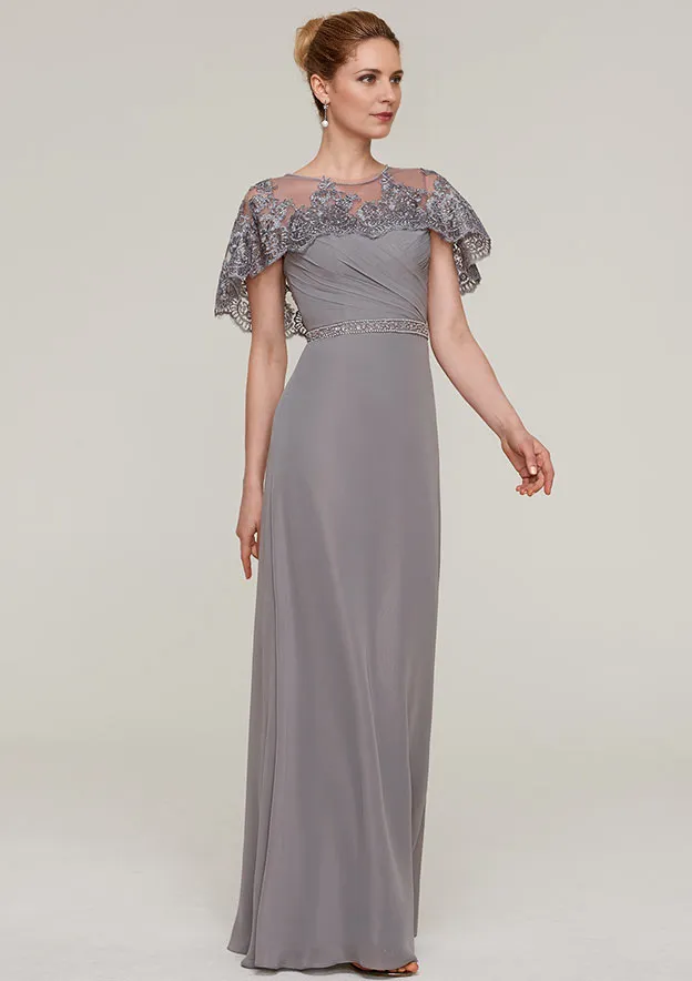 Sheath/Column Bateau Short Sleeve Long/Floor-Length Chiffon Mother of the Bride Dresses With Beading Appliqued