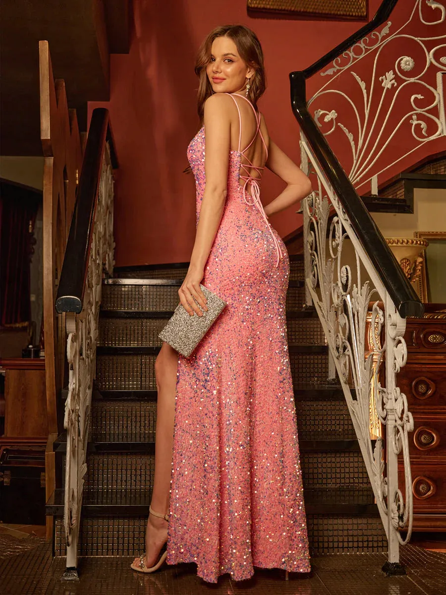 Sheath/Column Spaghetti Straps Split Side Long Tight Prom Dresses