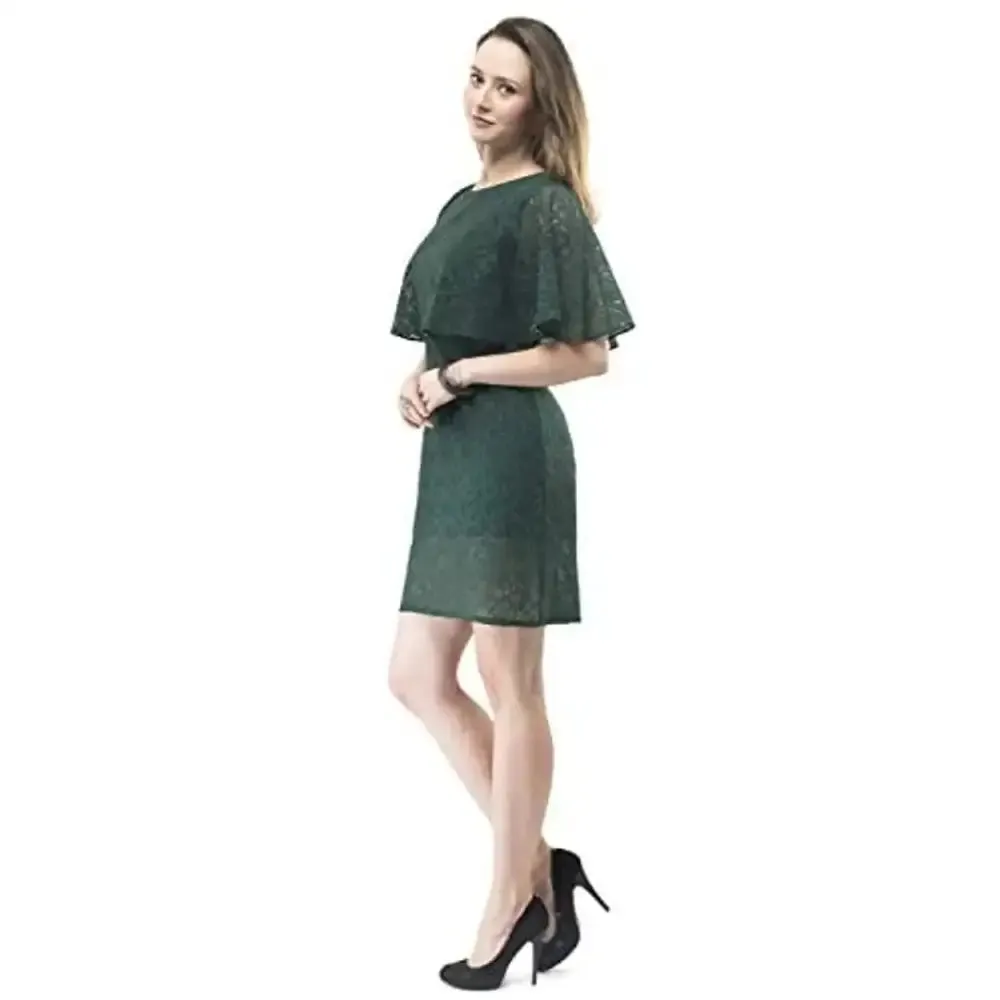 VM Green Cotton Floral Lace Cape Midi Dress for Women (vm131)
