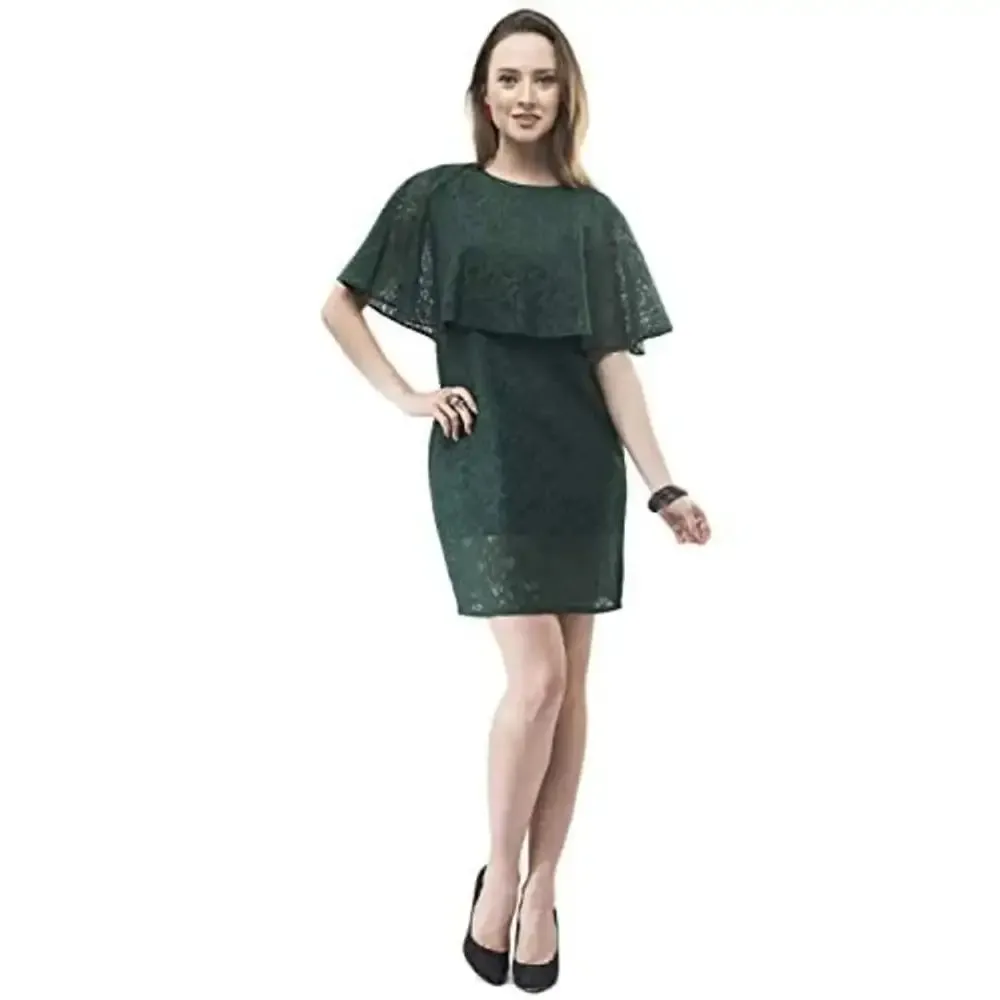 VM Green Cotton Floral Lace Cape Midi Dress for Women (vm131)
