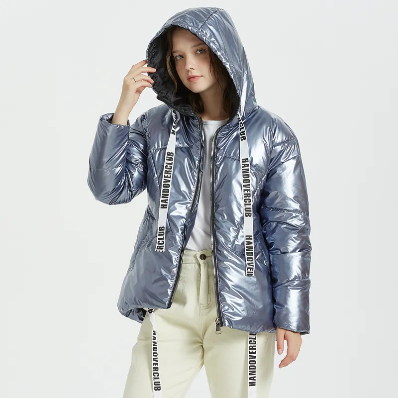 Women's Winter Casual Warm Glossy Hooded Parka With Ribbons