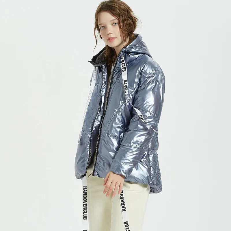 Women's Winter Casual Warm Glossy Hooded Parka With Ribbons